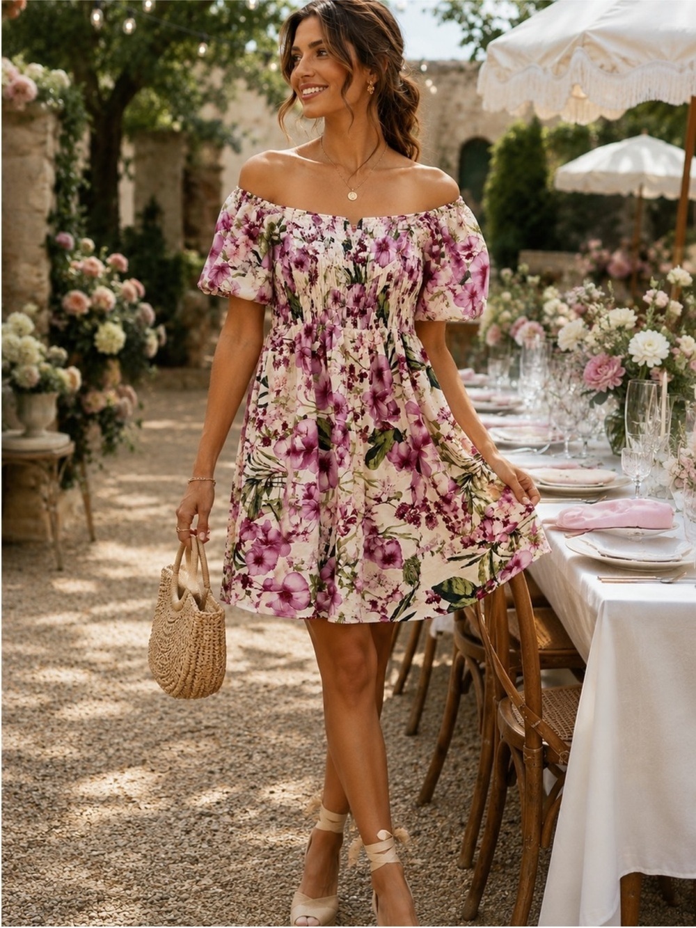 Floral Smocked Puff Sleeve Mini Dress XL Nursing Bump Friendly Summer Cotton